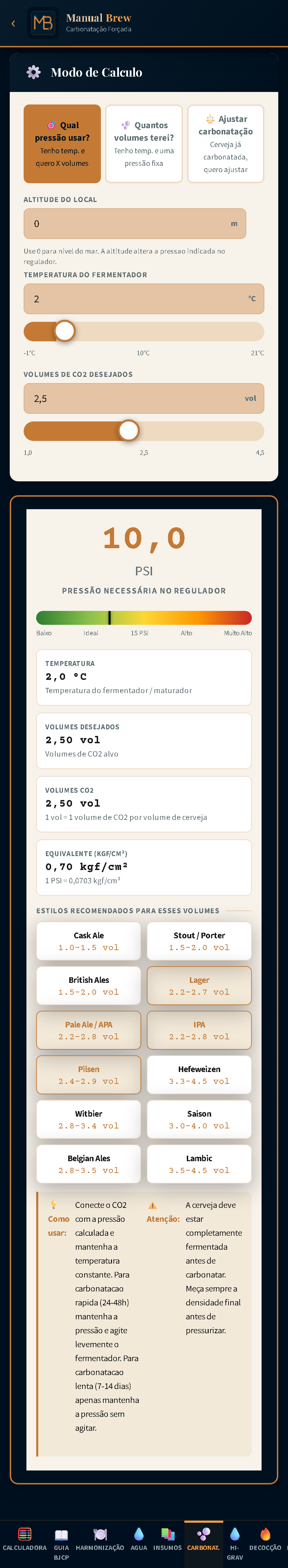Tela do Manual Brew: Carbonatação Forçada