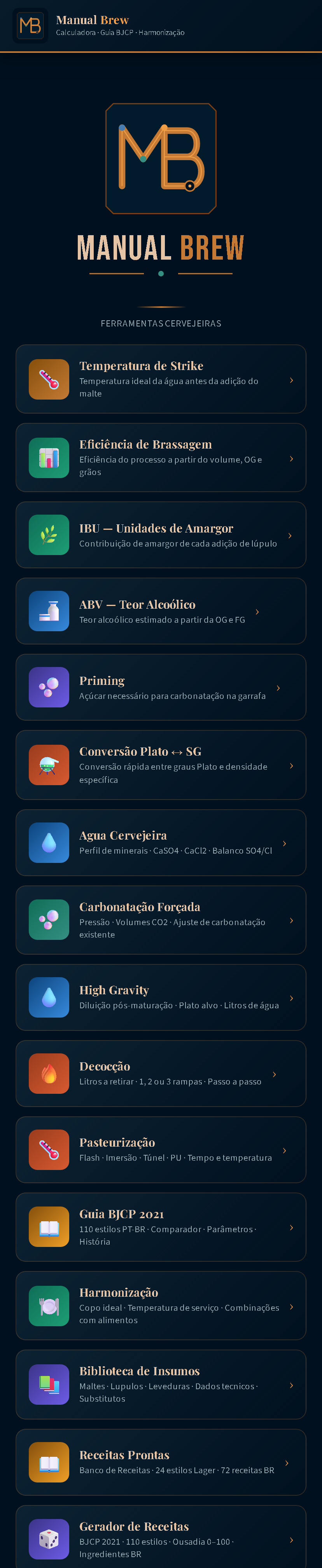 Tela inicial do aplicativo Manual Brew, com as 16 ferramentas