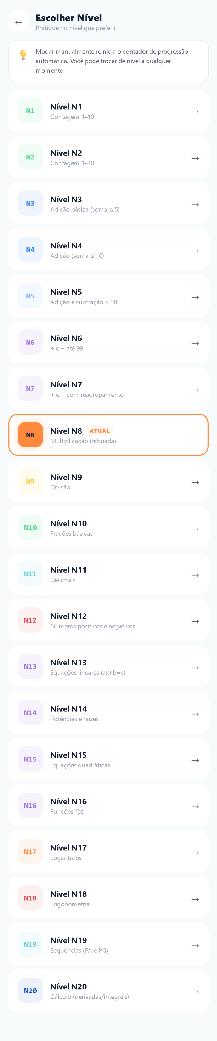 Tela do Numora: Escolha de nível
