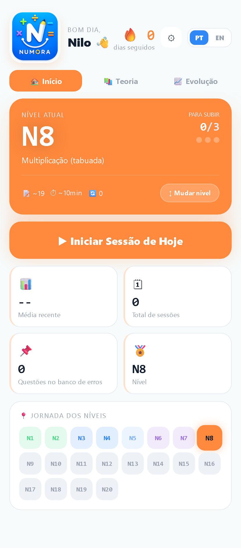 Tela inicial do aplicativo Numora